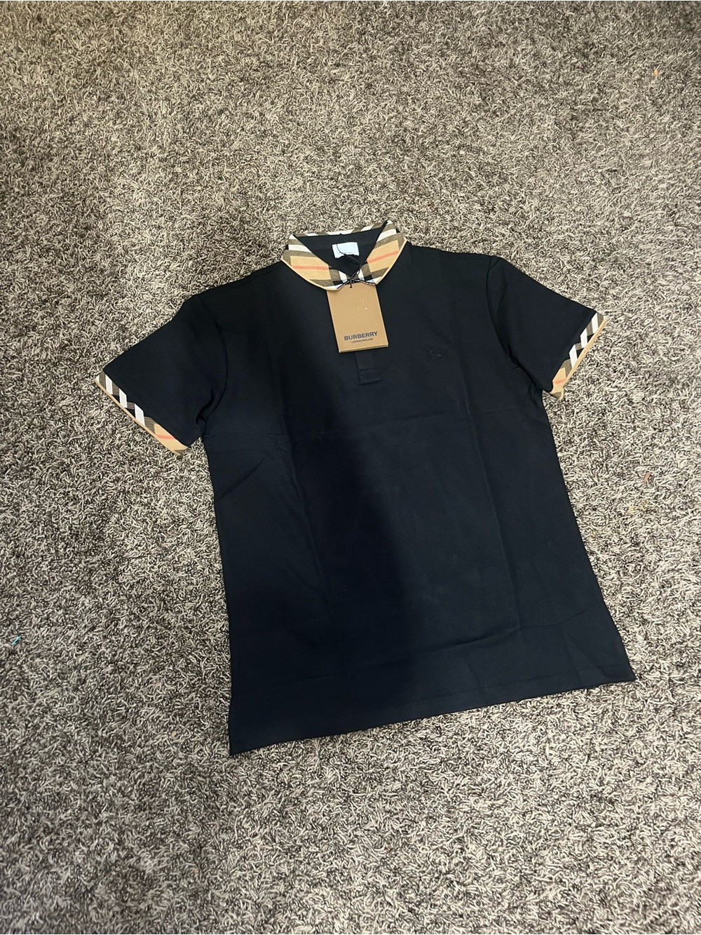 Burberry Black Polo with Beige Vintage Check Collar and Cuff